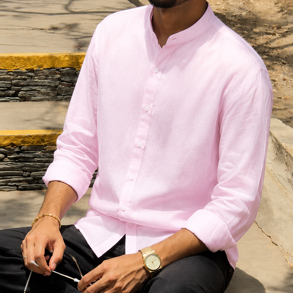 men shirt pure linen pink Chinese collared