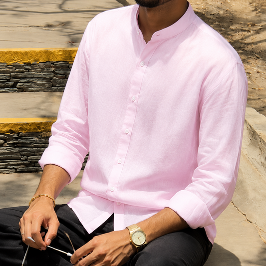 men shirt pure linen pink Chinese collared