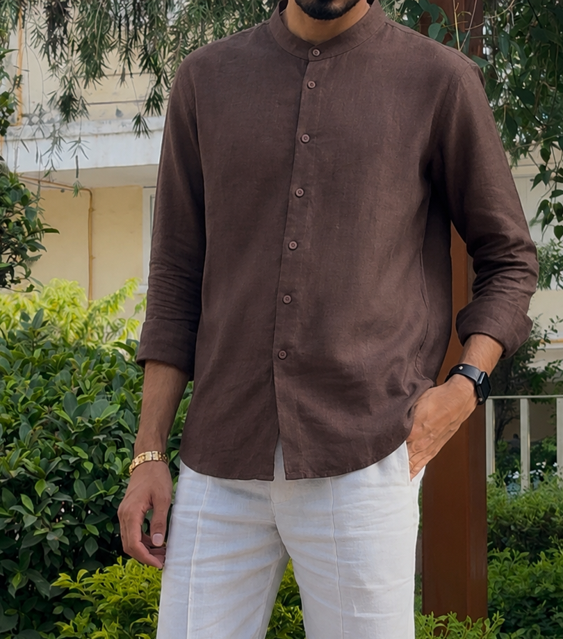 men shirt pure linen brown Chinese collared