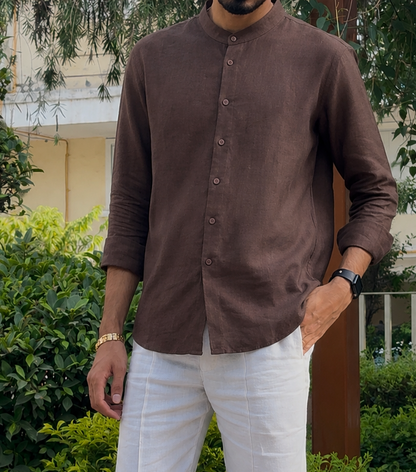 men shirt pure linen brown Chinese collared