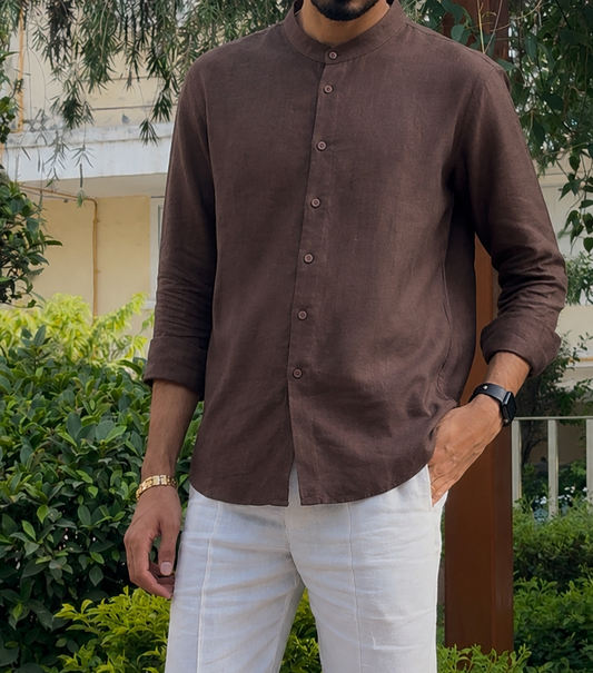 men shirt pure linen brown Chinese collared