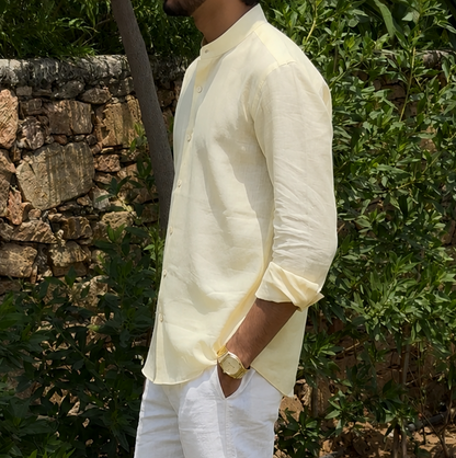 men shirt pure linen butter yellow Chinese collared