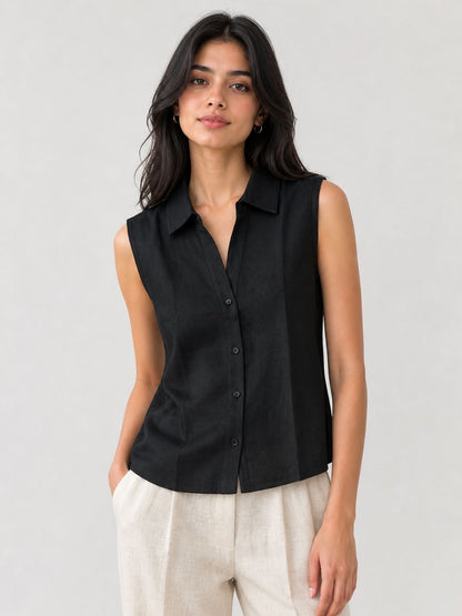 Black Pure Linen Sleeveless women shirt