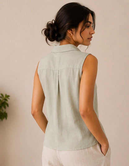muted sage sleeveless pure linen women shirt