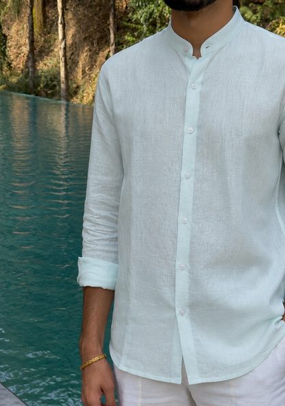 men shirt pure linen light blue Chinese collared