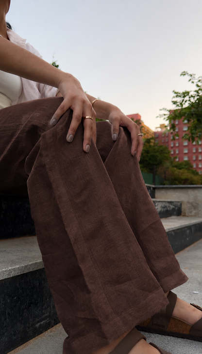 women pants pure linen brown straight fit