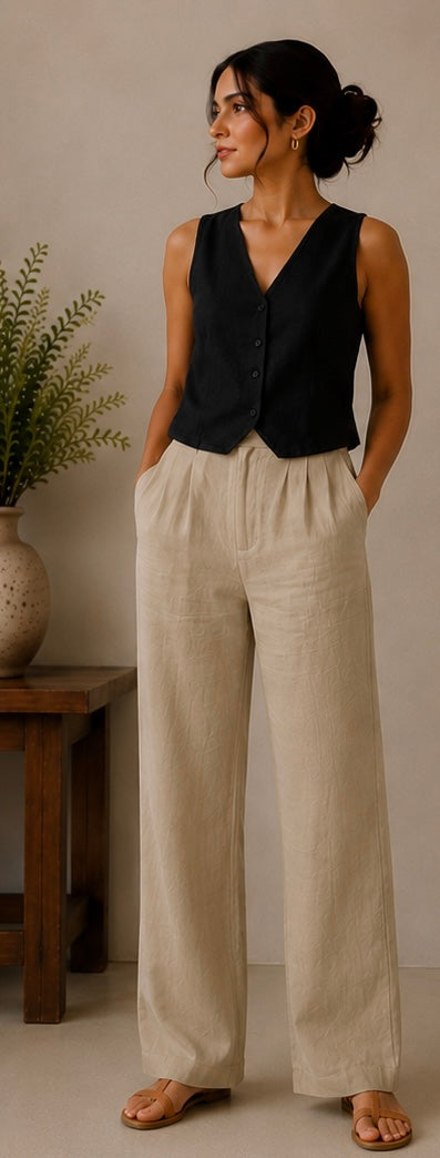 women pants pure linen khaki straight fit