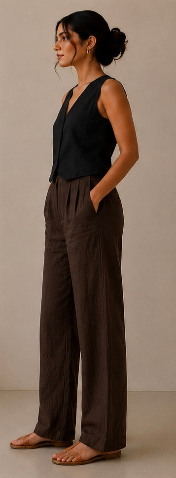 women pants pure linen brown straight fit