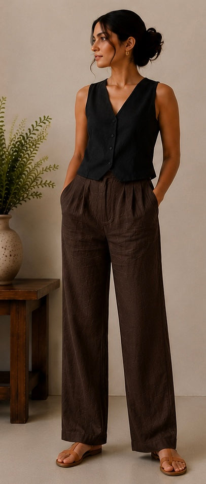 women pants pure linen brown straight fit
