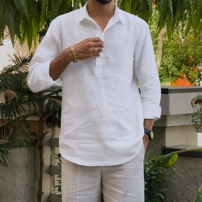 men top pure linen white collared