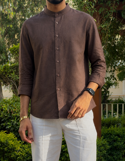 men shirt pure linen brown Chinese collared