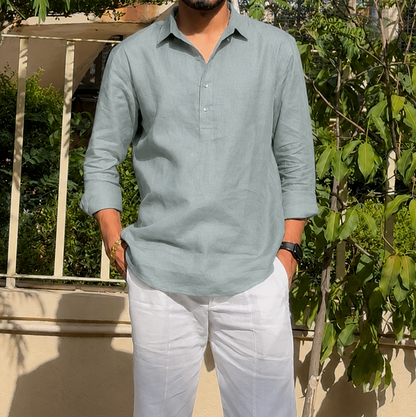 men top pure linen sage green collared