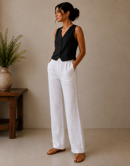 women pants pure linen white straight fit