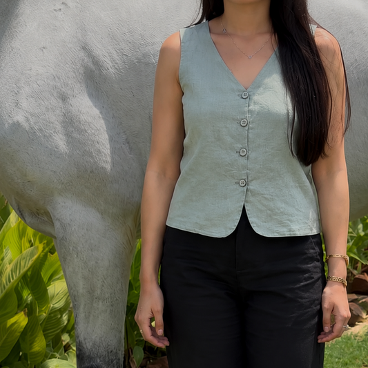 women top sage green pure linen