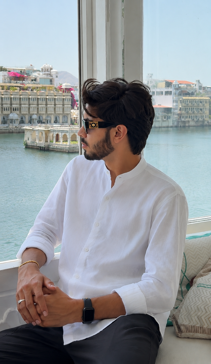 men shirt pure linen white Chinese collared