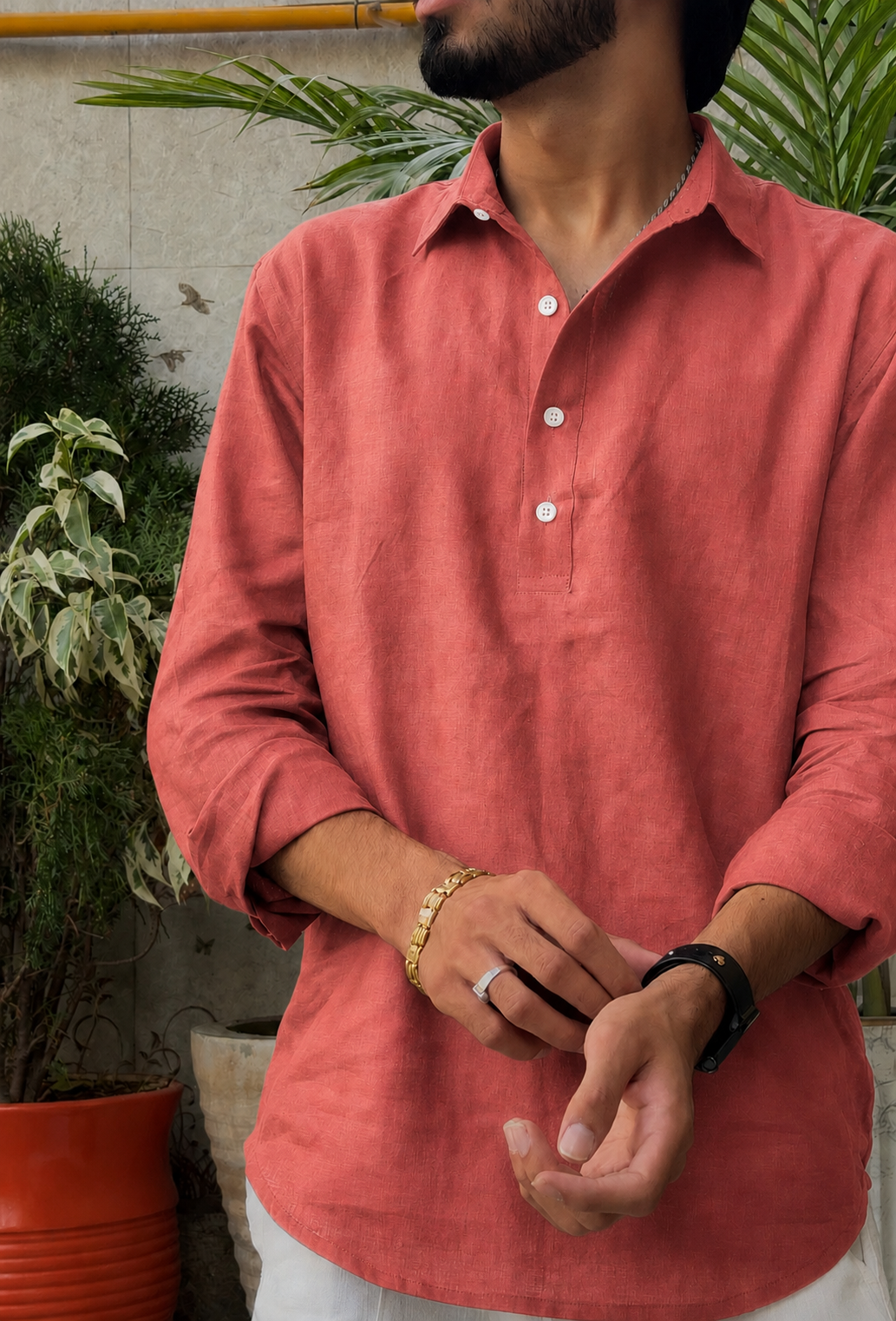men top pure linen amber rust collared
