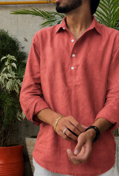 men top pure linen amber rust collared