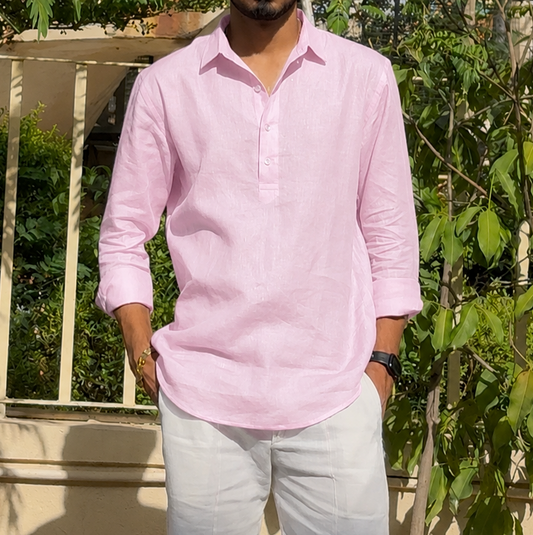 men top pure linen pink collared