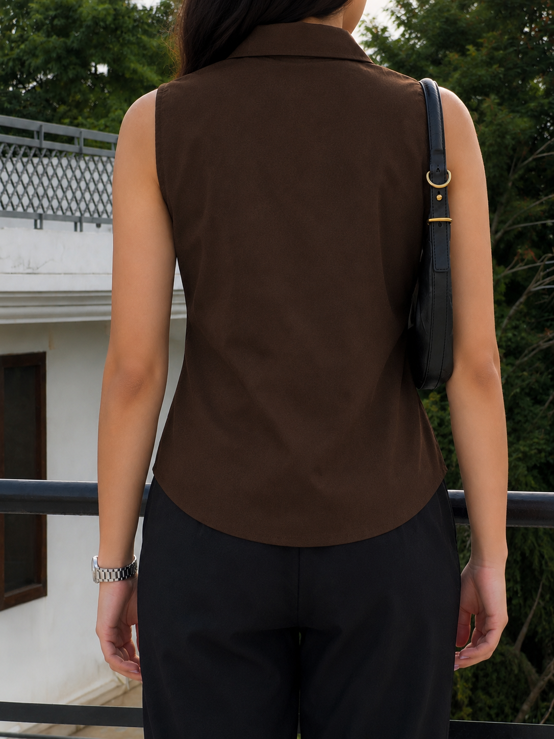 brown pure linen sleeveless women shirt