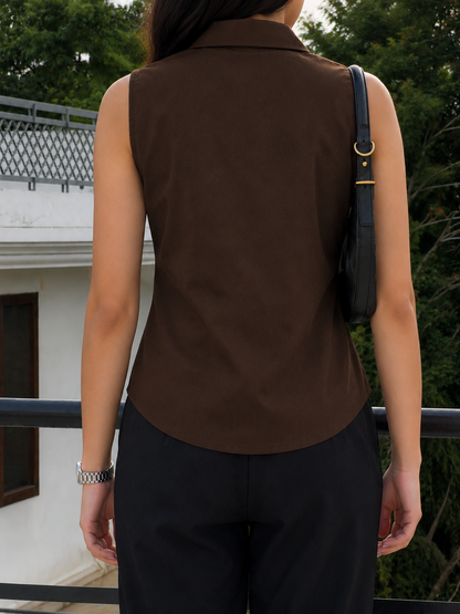 brown pure linen sleeveless women shirt
