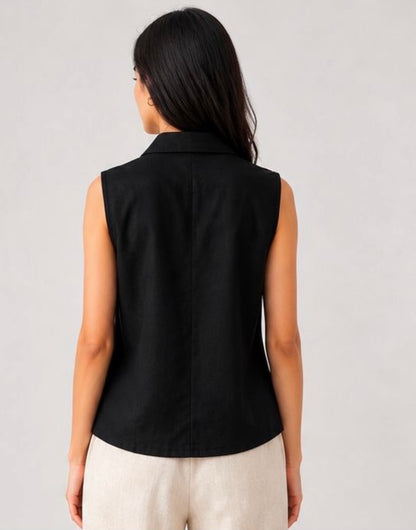 Black Pure Linen Sleeveless women shirt