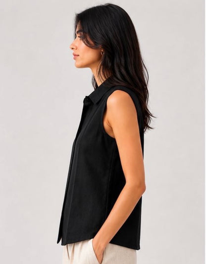 Black Pure Linen Sleeveless women shirt