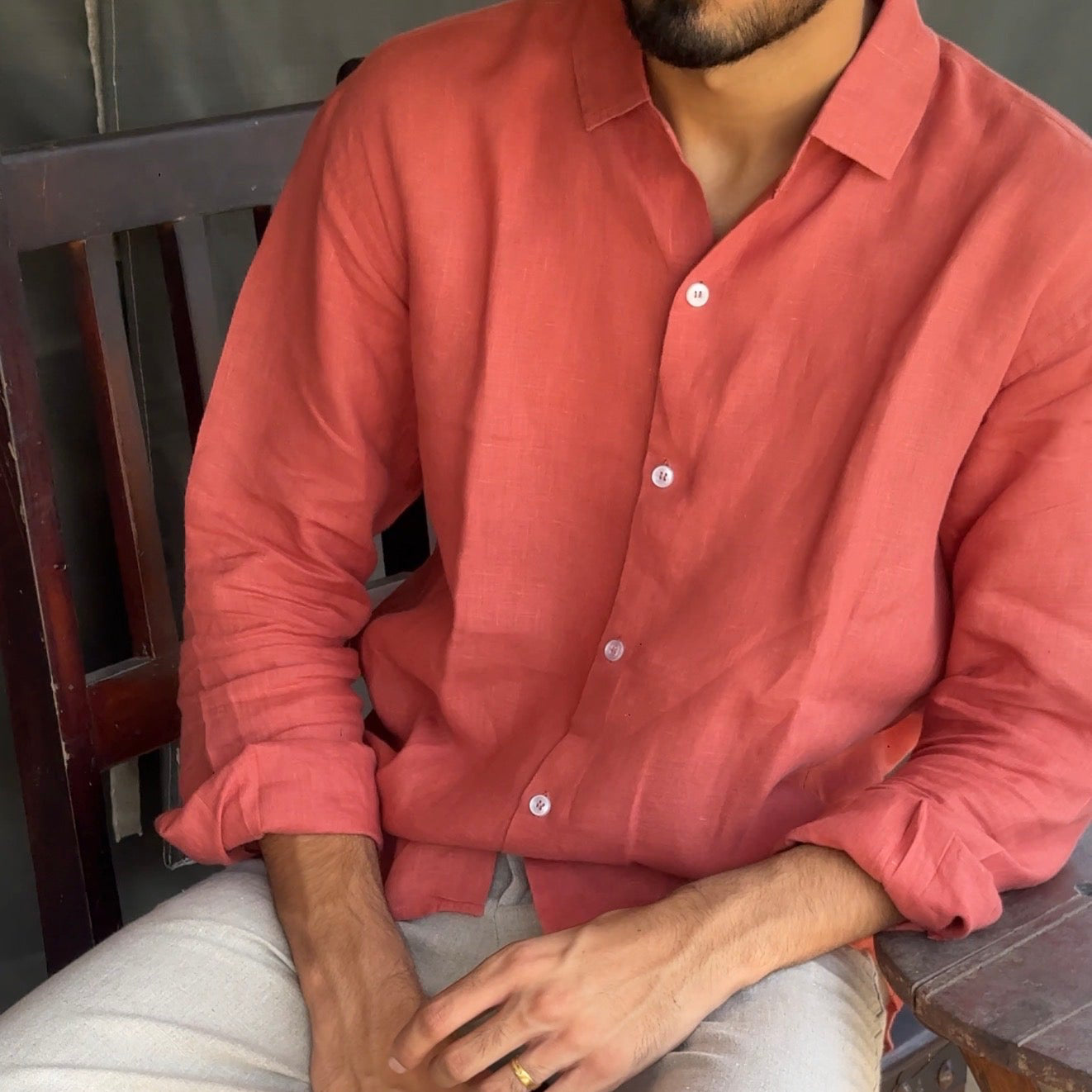 men shirt pure linen amber rust collared