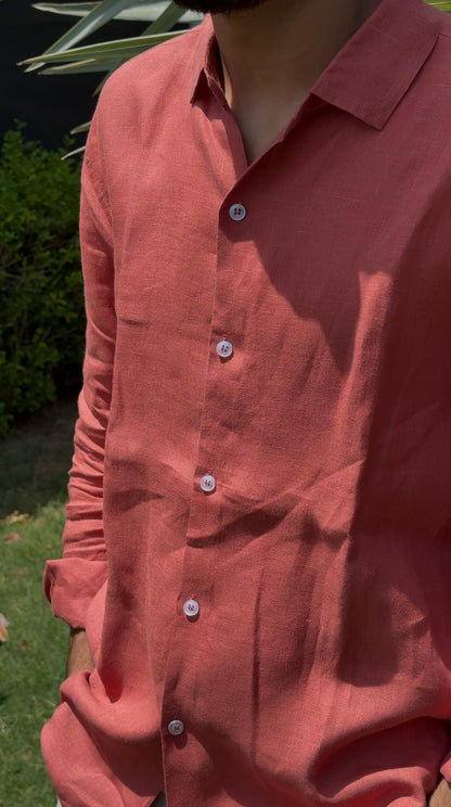 men shirt pure linen amber rust collared