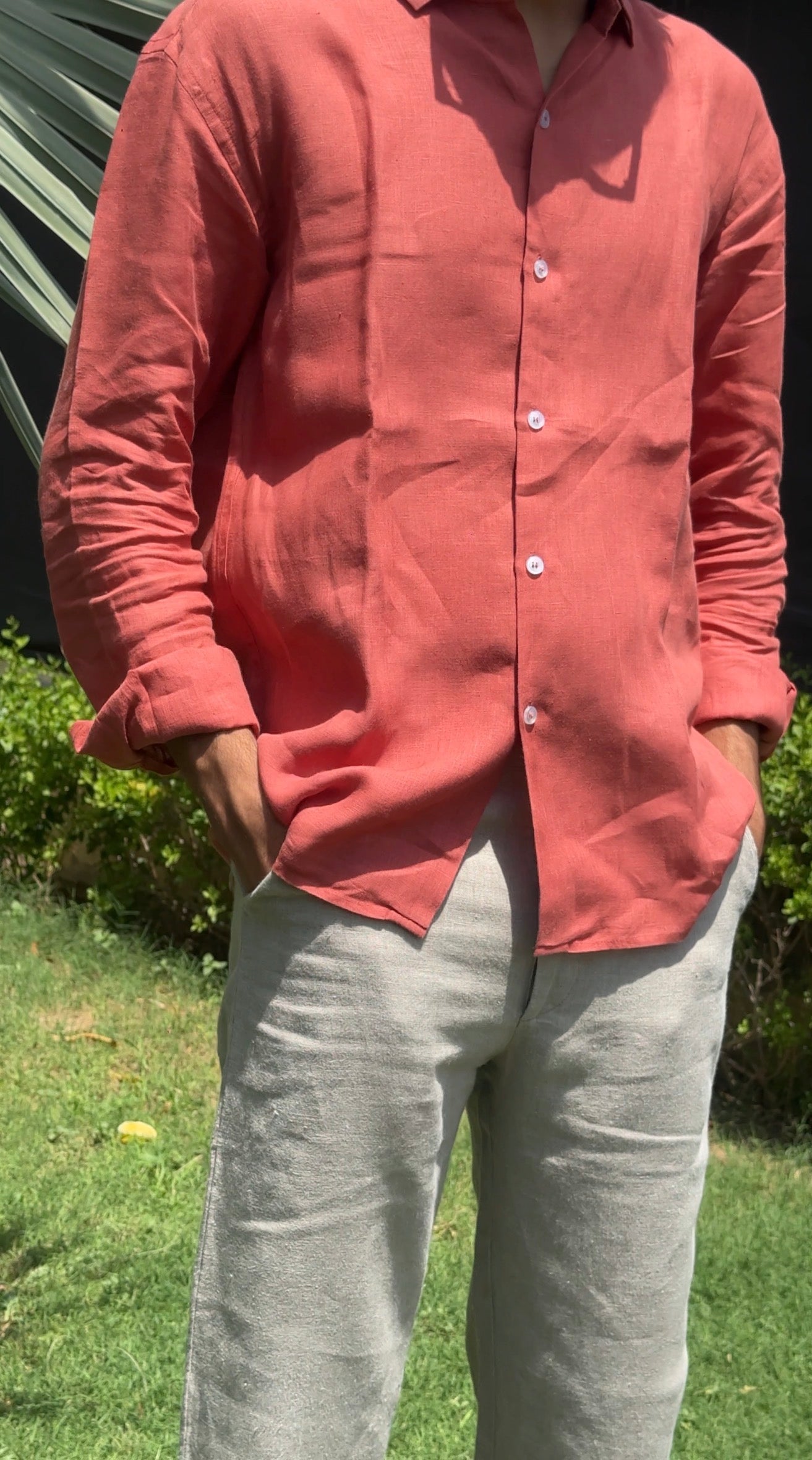 men shirt pure linen amber rust collared