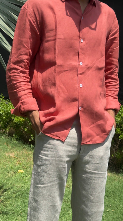 men shirt pure linen amber rust collared