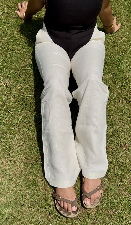 women pants pure linen white straight fit