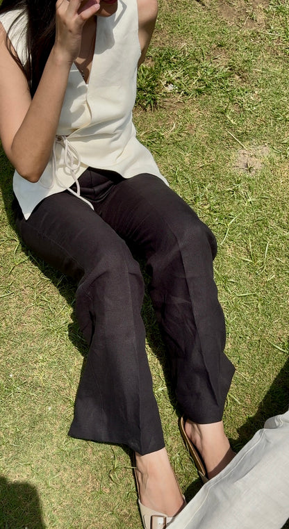 women pants pure linen black straight fit