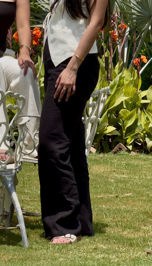 women pants pure linen black straight fit