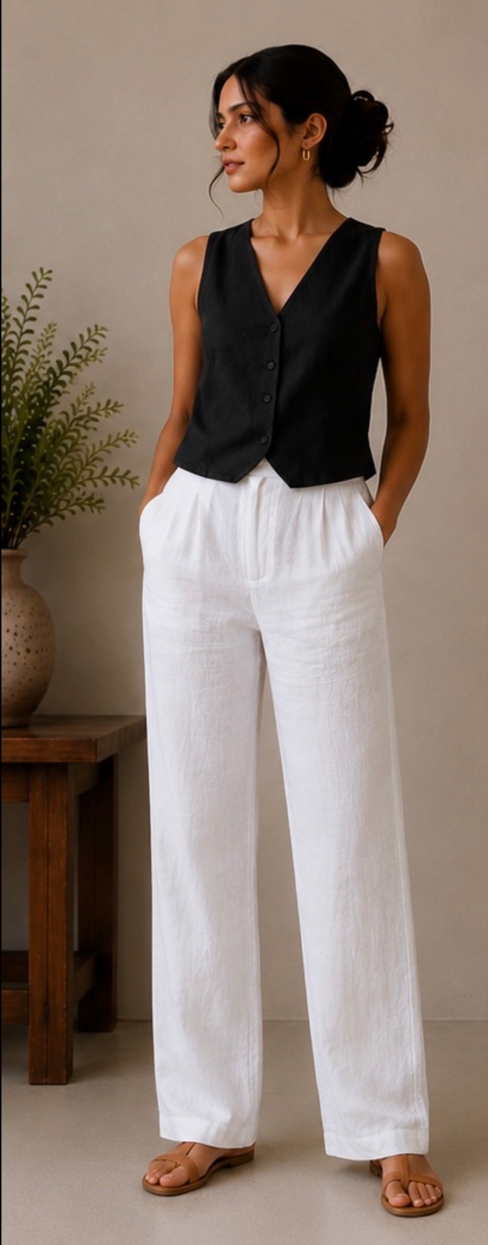 women pants pure linen white straight fit