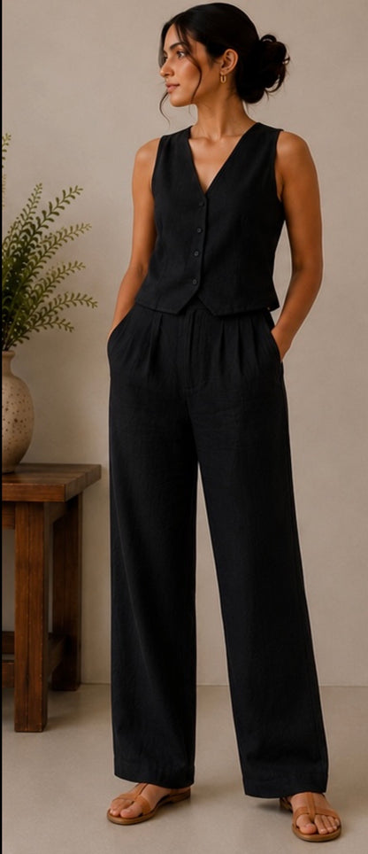 women pants pure linen black straight fit