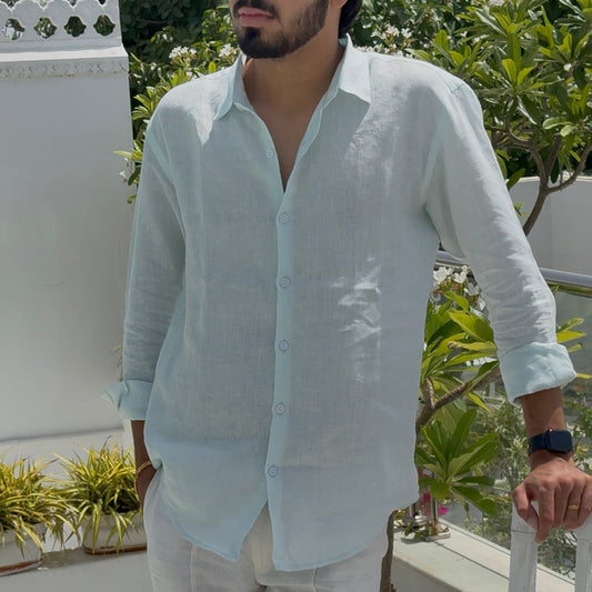men shirt pure linen light blue collared