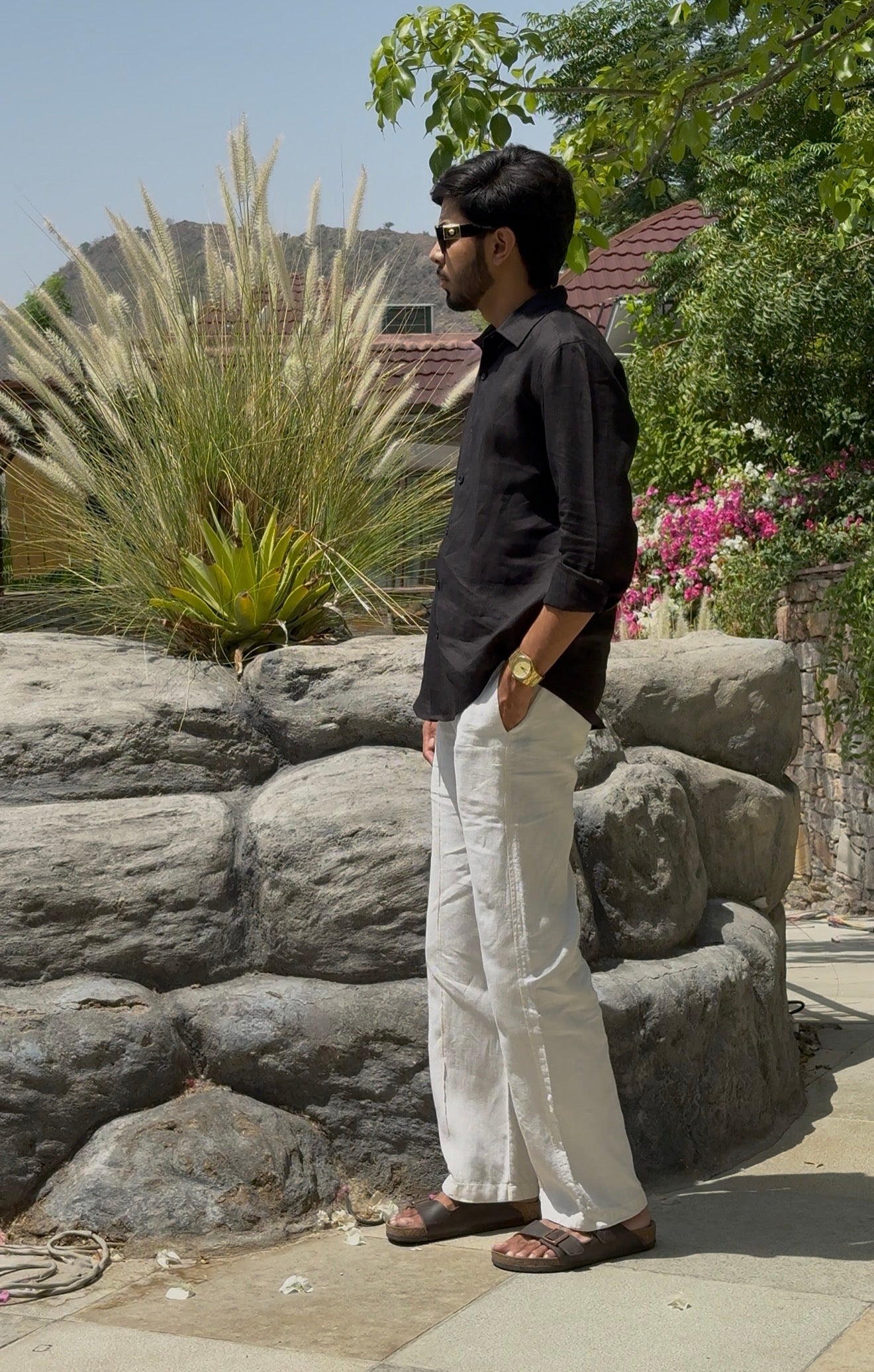 men shirt pure linen black collared