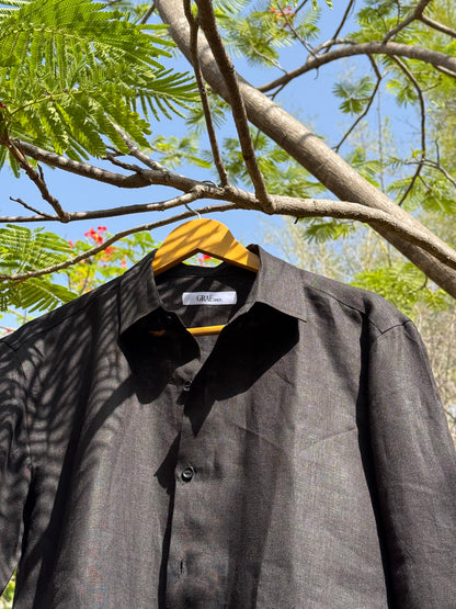 men shirt pure linen black collared