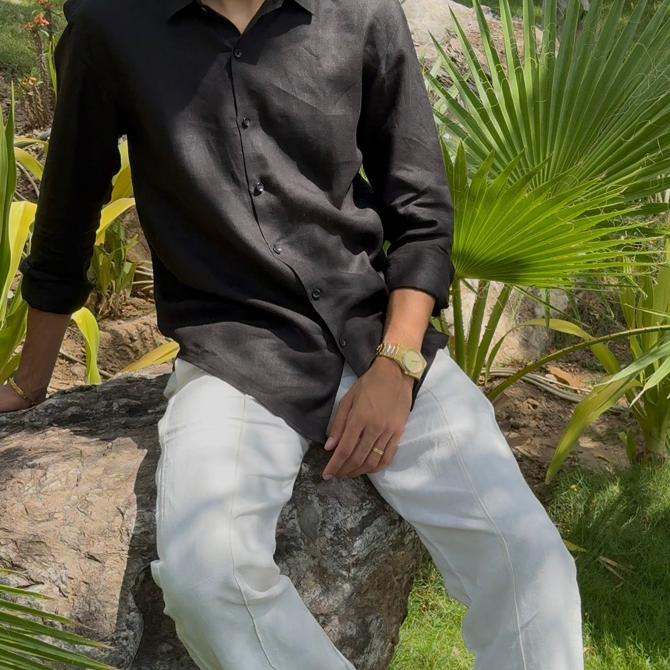 men shirt pure linen black collared