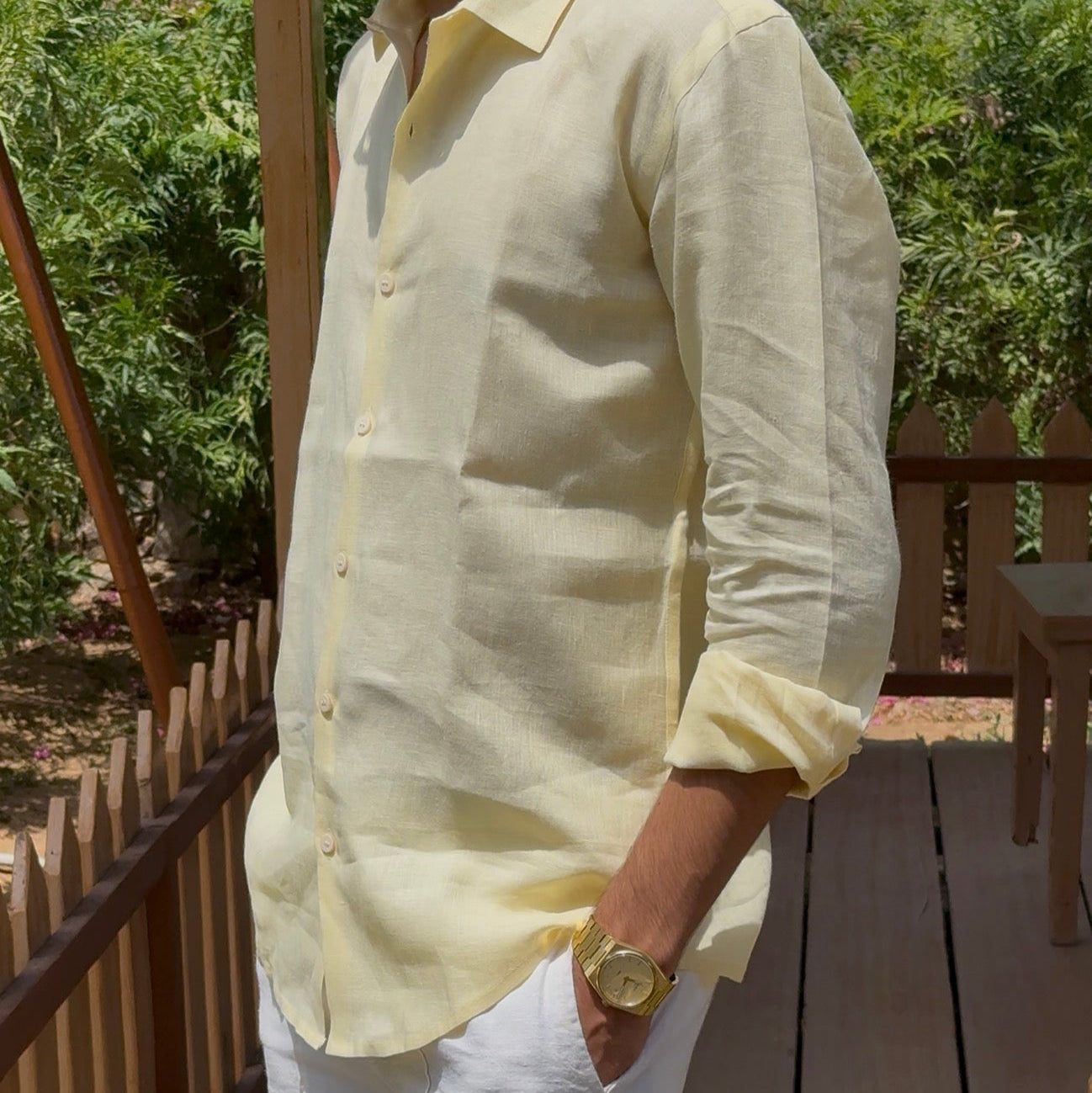 men shirt pure linen butter yellow collared
