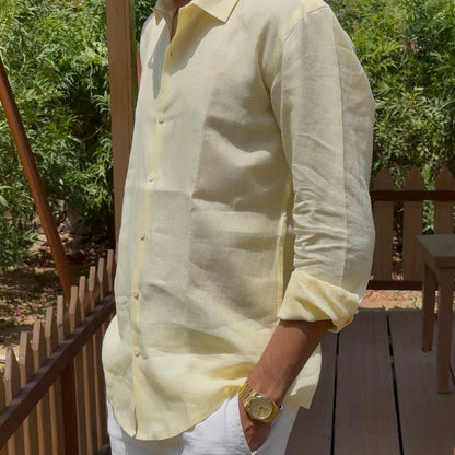 men shirt pure linen butter yellow collared