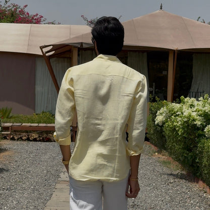 men shirt pure linen butter yellow collared
