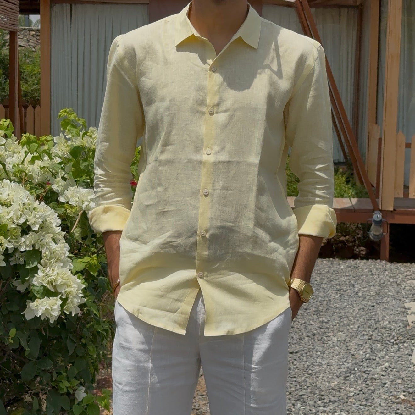 men shirt pure linen butter yellow collared
