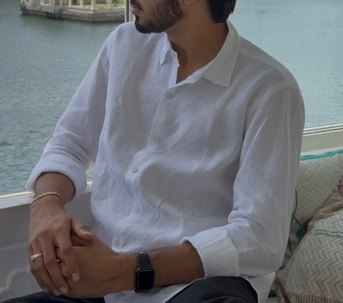 men shirt pure linen white collared