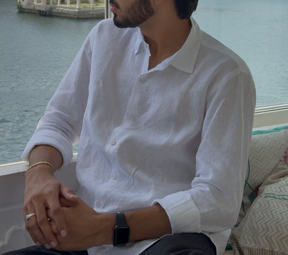 men shirt pure linen white collared