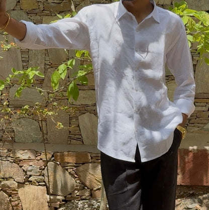 men shirt pure linen white collared