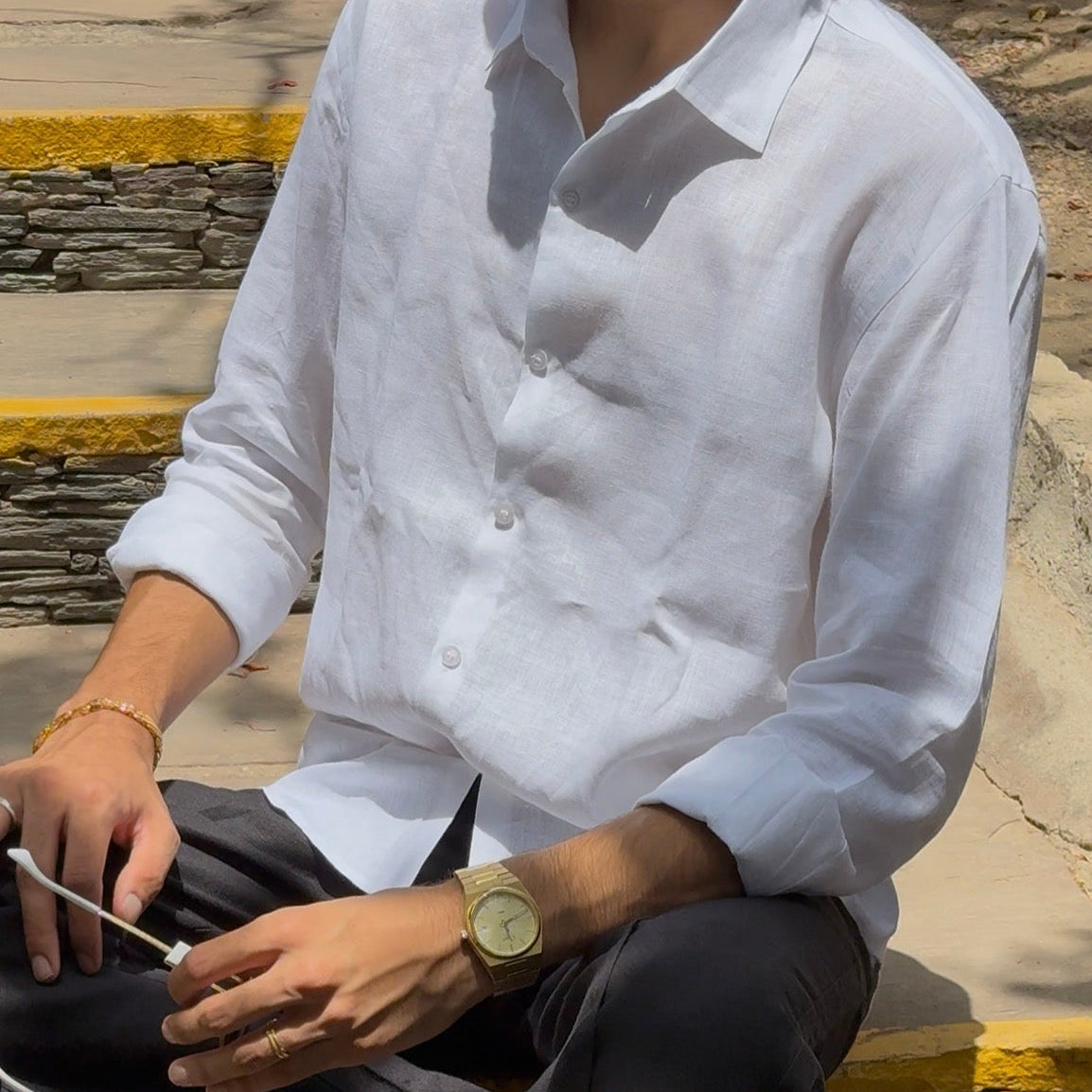 men shirt pure linen white collared