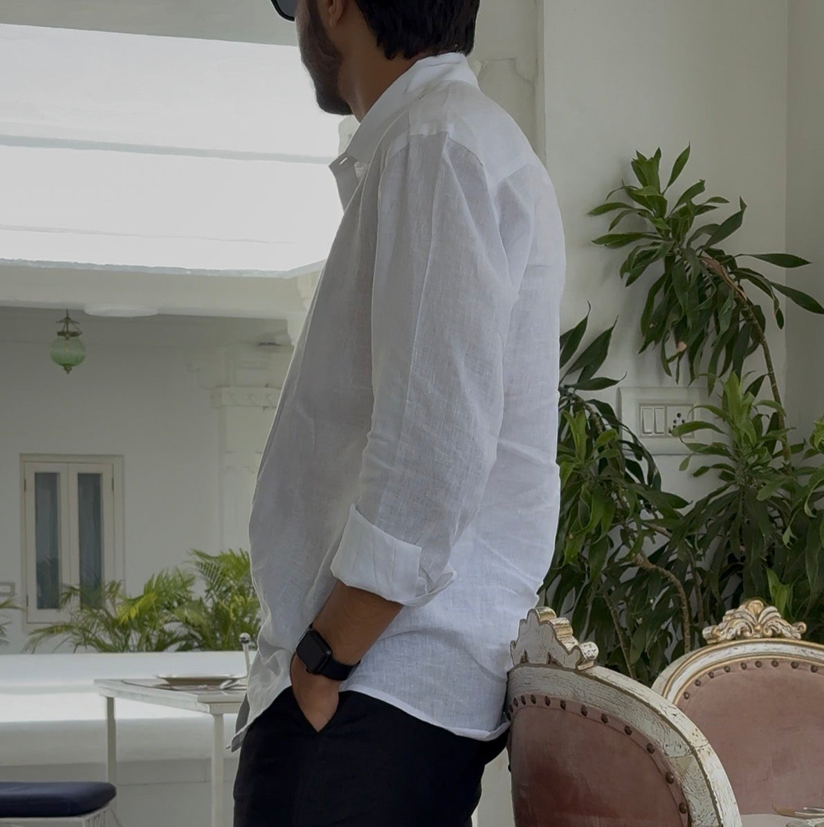 men shirt pure linen white collared