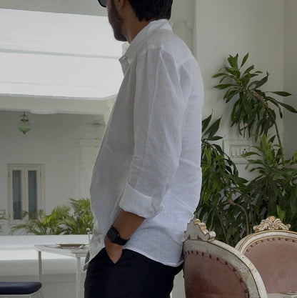 men shirt pure linen white collared