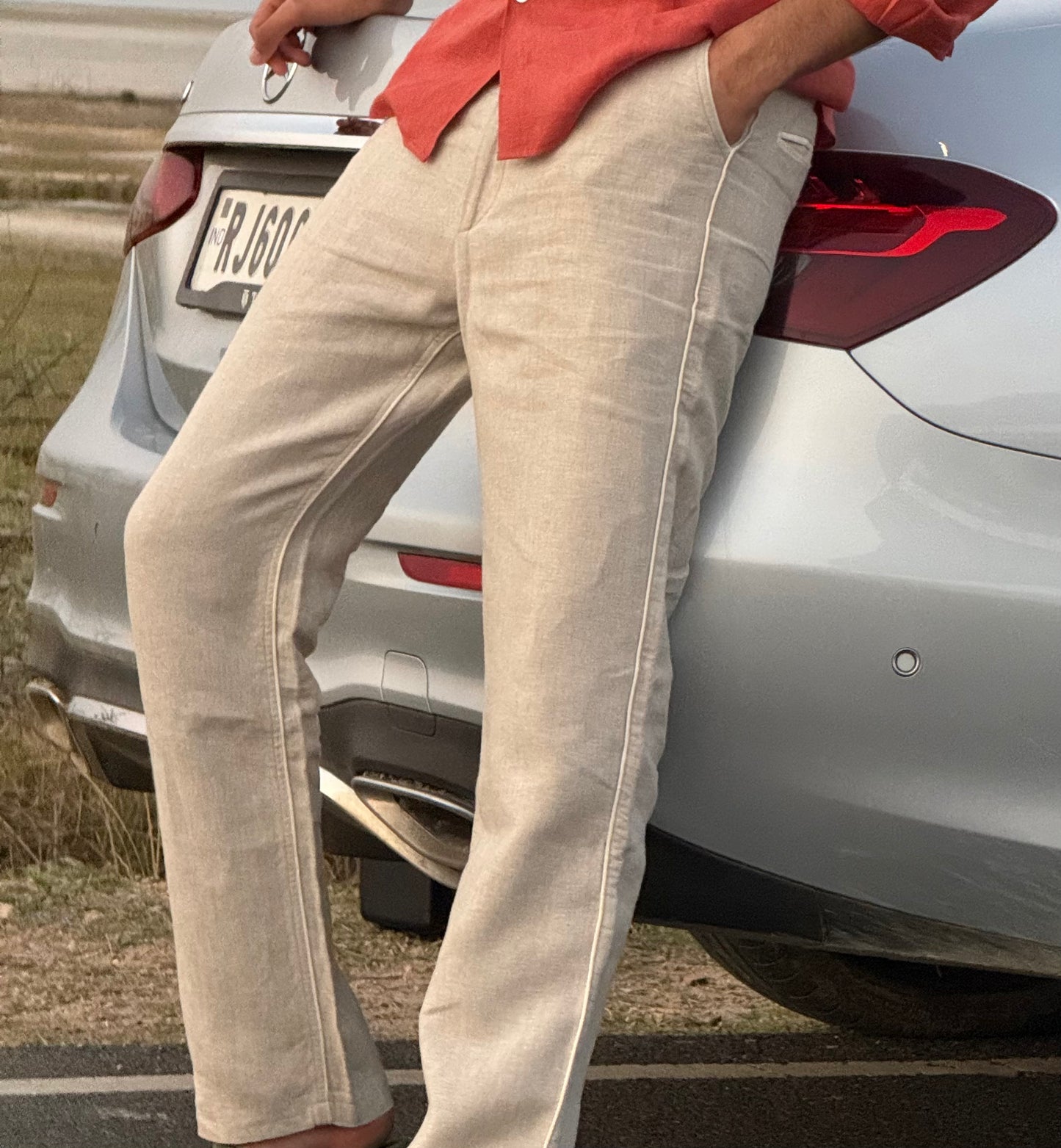 men pants pure linen khaki lining